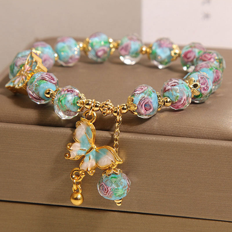 Blue Rose Garden Butterfly Pendant Glass Bracelet | Zen Ara Grove