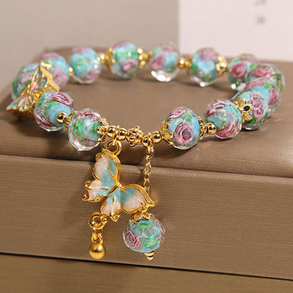 Blue Rose Garden Butterfly Pendant Glass Bracelet | Zen Ara Grove
