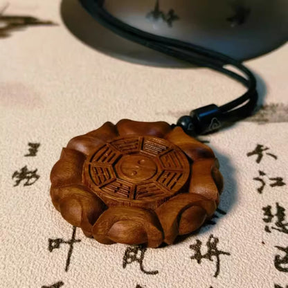 Wearable Daoist Ritual Pendant – Lightning-Struck Wood Carving of Sycee and Taiji-Bagua | Zen Ara Grove