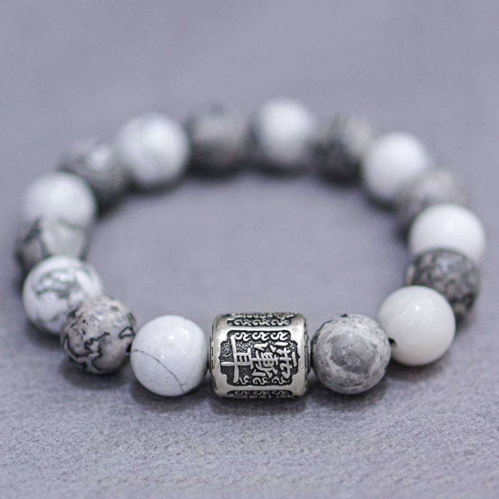 White Turquoise & Map Stone Bracelet with Taoist "Rain Gradual Ear"Beads – Symbol of Protection, Purification & Inner Harmony | Zen Ara Grove