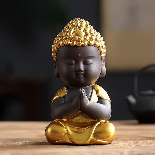 Mini Zen Buddha Statue – Handcrafted Purple Clay Ceramic with Golden Touch of Serenity | Zen Ara Grove