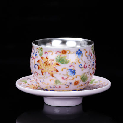 999 Silver Enamel Teacup Gift Set – Five Colors Blooming – Symbols of Love, Harmony & Prosperity | Zen Ara Grove