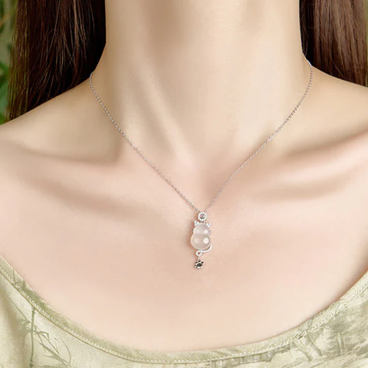 925 Sterling Silver 14k Gold White Jade Gourd Cat Protection Necklace Pendant | Zen Ara Grove