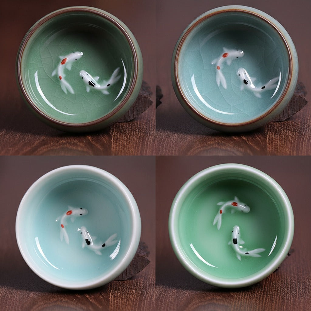 Twin Koi Celadon Crackle Teacup