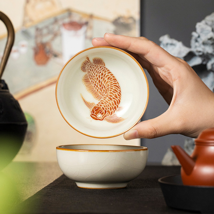 Oriental Ru Kiln Pu-er Cup – Handcrafted Porcelain with Silver Scale Glaze and Dragon Pattern | Zen Ara Grove