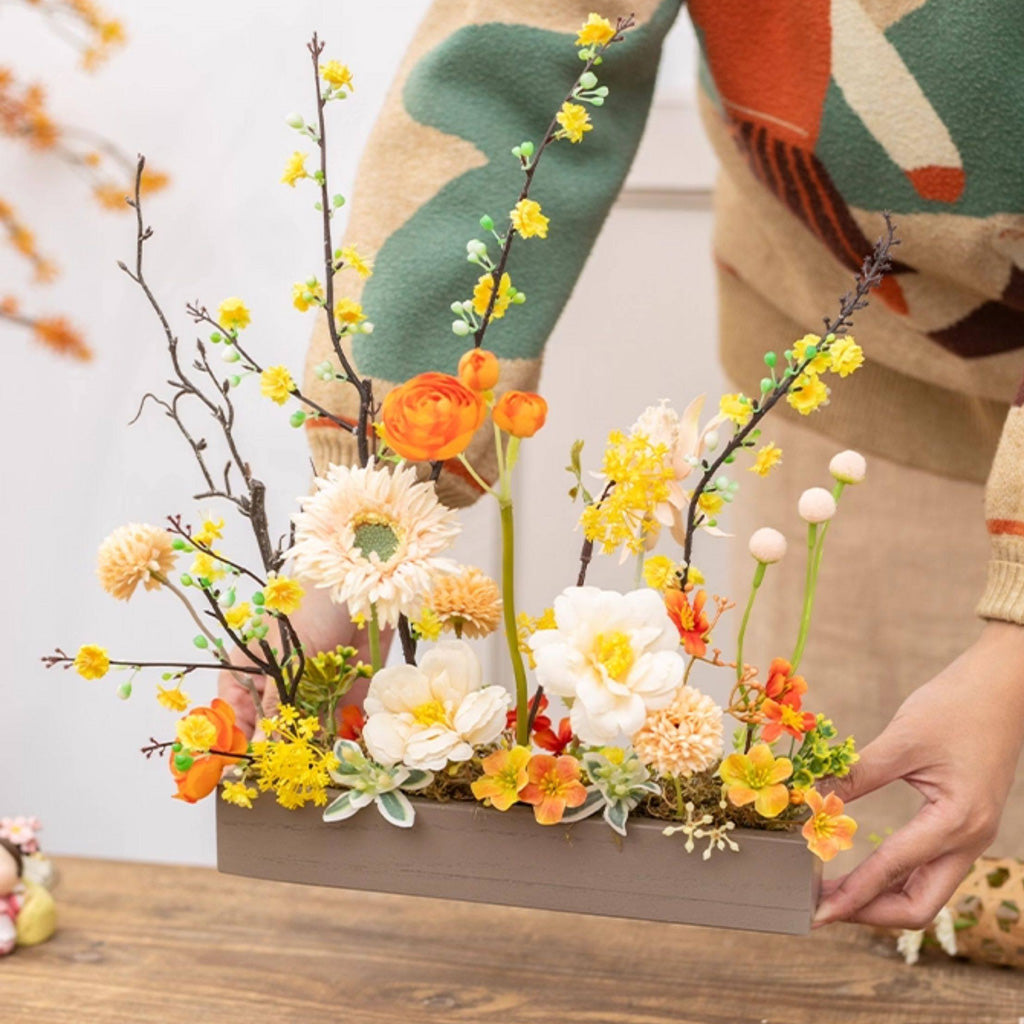 Handmade Silk Blossom Décor with Wooden Planter – Serenity in Bloom | Zen Ara Grove