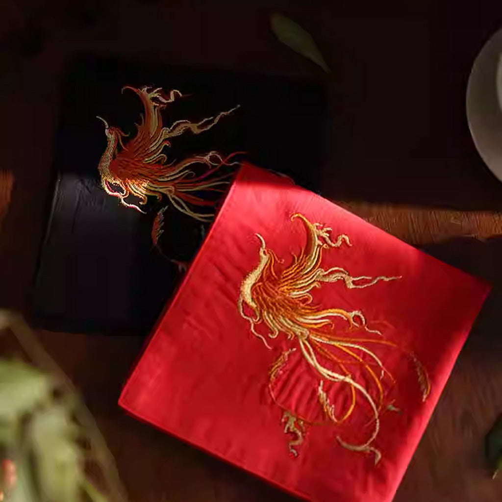 Double‑Layer Cotton Handkerchief – Hand‑Embroidered Phoenix Symbolizing Grace and Renewal | Zen Ara Grove