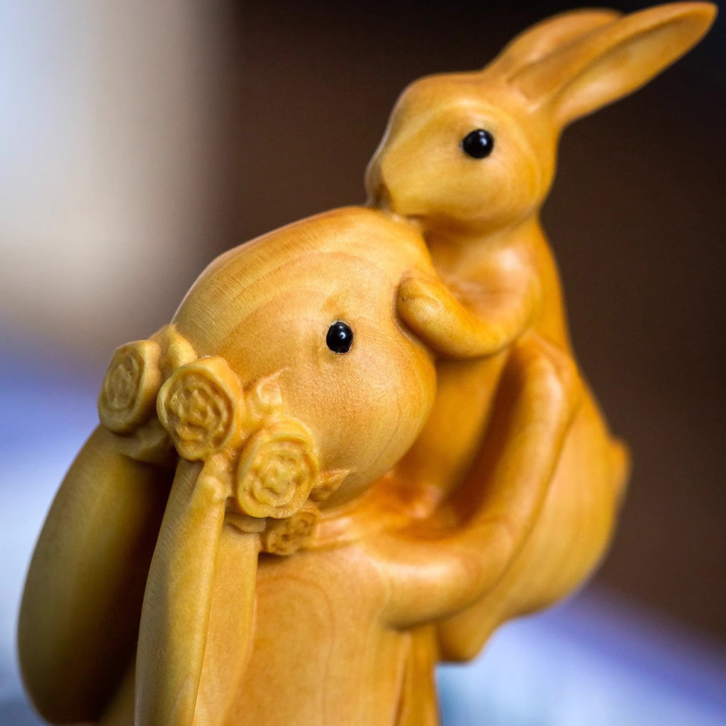 Boxwood Family Bunny Wood Sculpture – Symbol of Love & Blessing | Zen Ara Grove