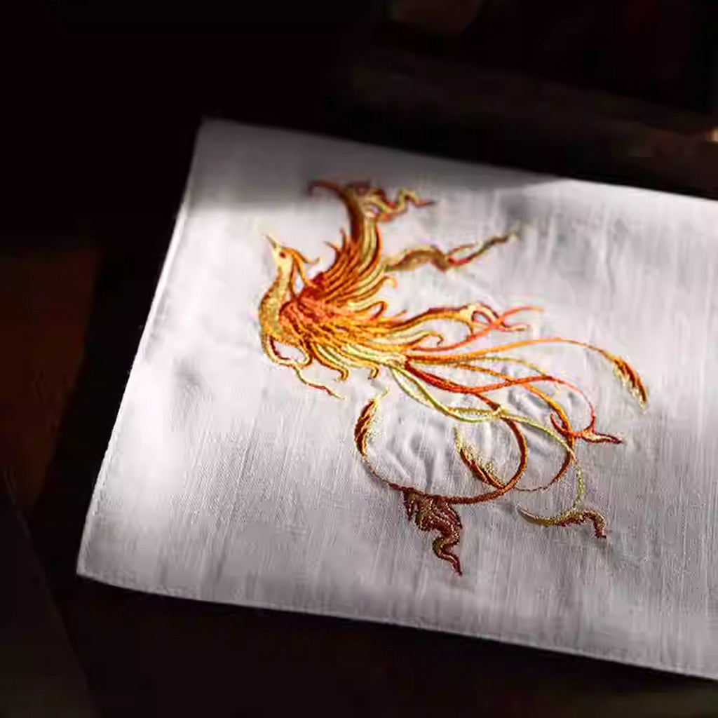 Double‑Layer Cotton Handkerchief – Hand‑Embroidered Phoenix Symbolizing Grace and Renewal | Zen Ara Grove