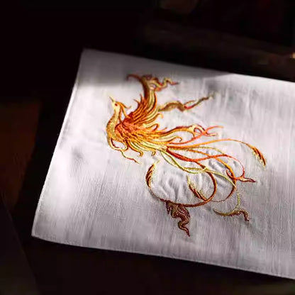 Double‑Layer Cotton Handkerchief – Hand‑Embroidered Phoenix Symbolizing Grace and Renewal | Zen Ara Grove