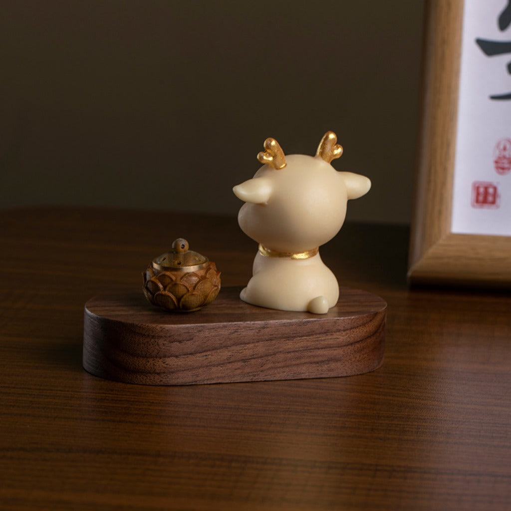 Natural Tagua Nut Deer Figurine with Walnut Lotus Base – Lively and Graceful | Zen Ara Grove
