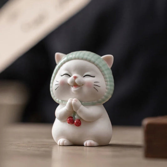 Lucky Cute Cat In Scarf Ceramic Figurine Decoration  | Zen Ara Grove