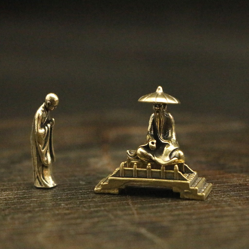 Mini Brass Figurine Set – Saluting Buddha, Luoyang Bridge Scene, Little Monk & Fishing Old Man | Zen Ara Grove