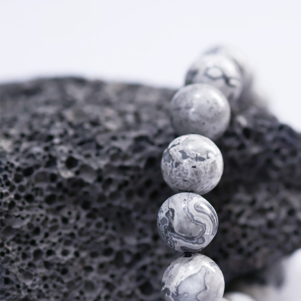 White Turquoise & Map Stone Beaded Bracelet – Yin-Yang Metal Accent, 999 Silver Ba Gua Bead | Zen Ara Grove