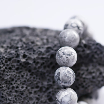 White Turquoise & Map Stone Beaded Bracelet – Yin-Yang Metal Accent, 999 Silver Ba Gua Bead | Zen Ara Grove
