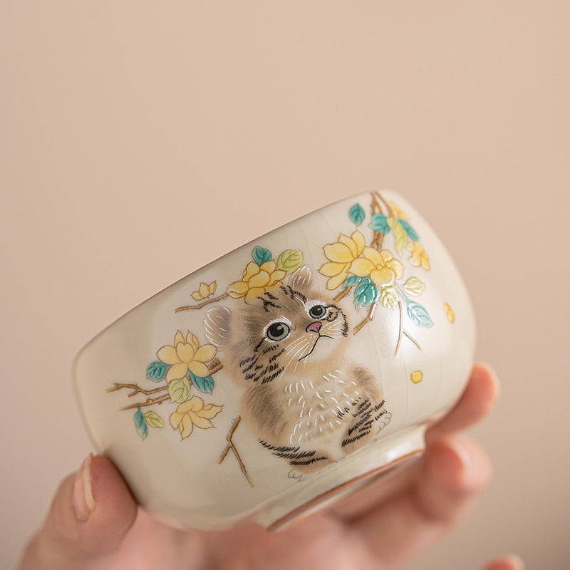 Cute Cat Yellow Flowers Rabbit Teacup Kung Fu Tea Cup  | Zen Ara Grove