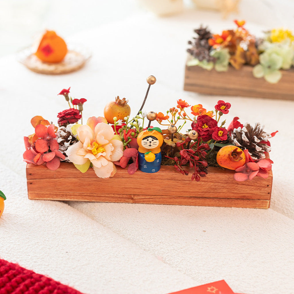 Handmade Silk Blossom Décor with Wooden Planter – Serenity in Bloom | Zen Ara Grove