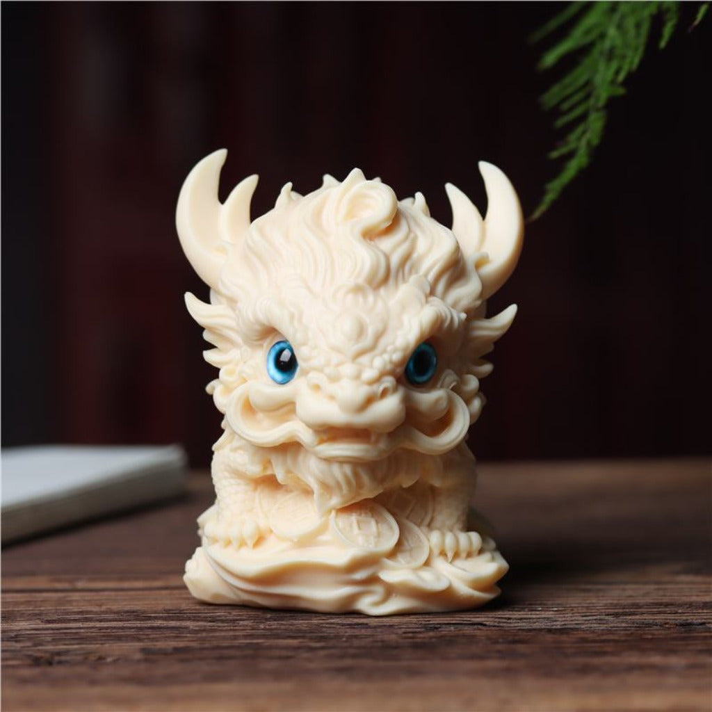 Hand-Carved Tagua Three Auspicious Beasts – Dragon, Qilin & Pixiu Figurine Set | Zen Ara Grove