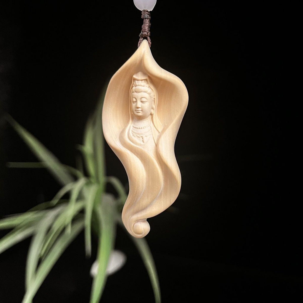 Handcrafted Boxwood Pendant – Lotus Leaf with Carved Bodhisattva Brings Serenity and Harmony | Zen Ara Grove
