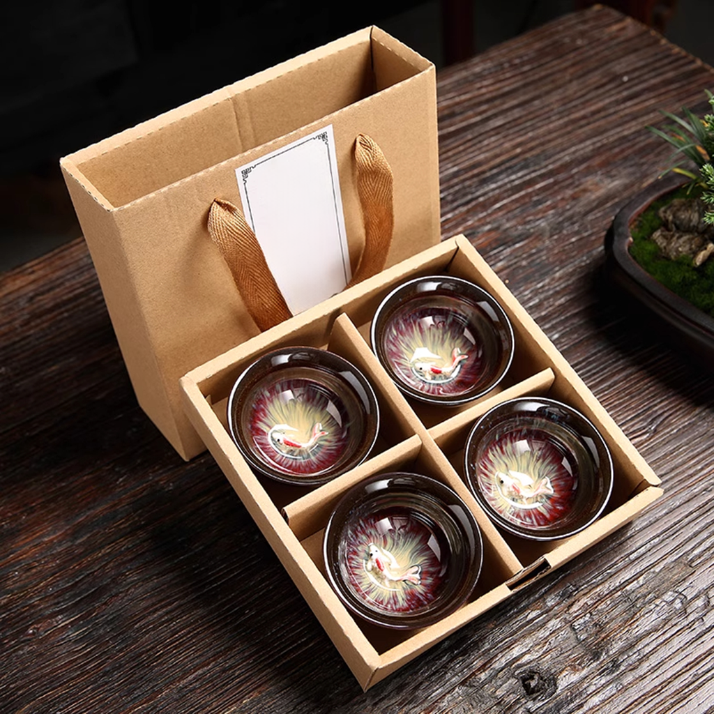 Artisan Porcelain Tea Cup – Unique Kiln-Varied Colors with Koi Design | Zen Ara Grove