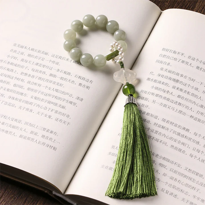 Tranquil Finger Mala – Jade Beads, Cloud Motif, and Flowing Tassel | Zen Ara Grove