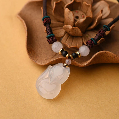 Adjustable Jade Cord Necklace – Carved Fox Pendant with Rose Quartz | Zen Ara Grove