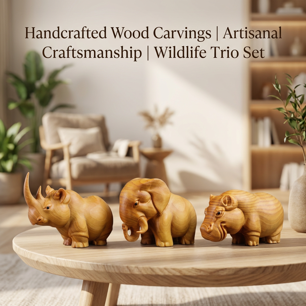 Aromatic Cypress Wildlife Carving Collection – Rhino, Elephant, Hippo Desk Decor | Zen Ara Grove