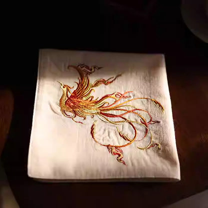 Double‑Layer Cotton Handkerchief – Hand‑Embroidered Phoenix Symbolizing Grace and Renewal | Zen Ara Grove