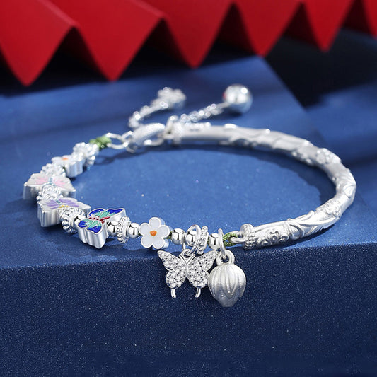 Half Cuff Sterling Silver Bracelet – Delicate Butterfly and Flower with Elegant Tassel | Zen Ara Grove