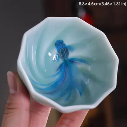 Celadon Porcelain Koi Fish Teacup – Artistic Green Glaze Tea Bowl | Zen Ara Grove