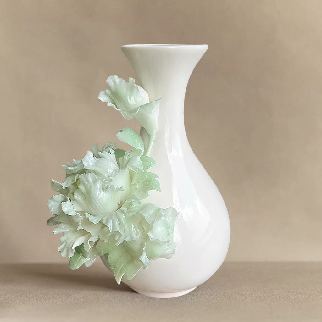 Handcrafted Heritage Ceramic Peony Vase – Blossoms Growing from the Surface | Zen Ara Grove