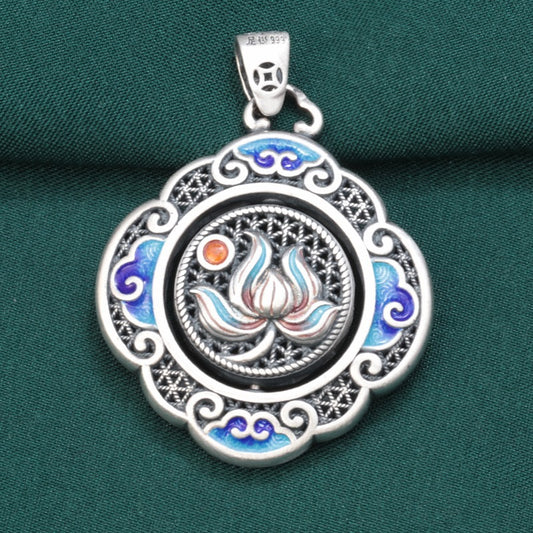Spinning Silver Lotus Amulet – “Fu” Blessing & Harmony | Zen Ara Grove