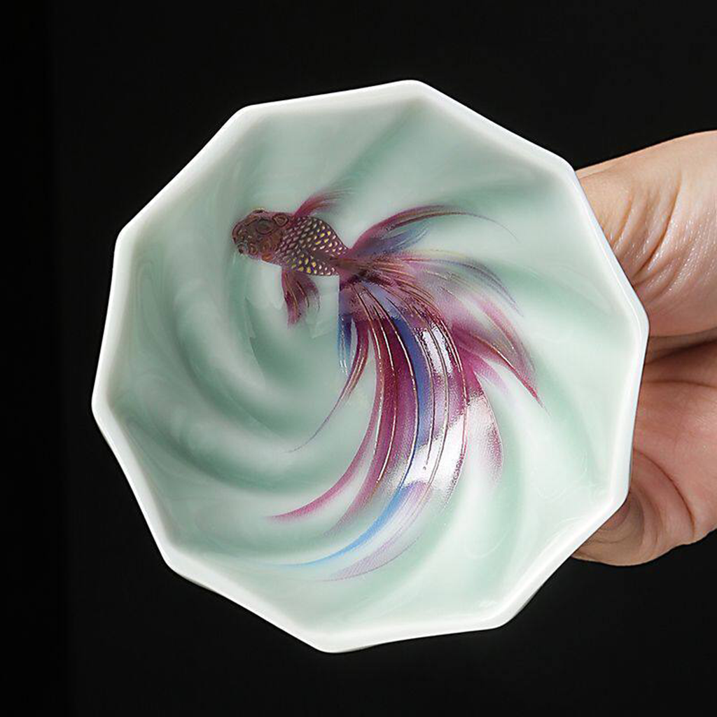 Celadon Porcelain Koi Fish Teacup – Artistic Green Glaze Tea Bowl | Zen Ara Grove