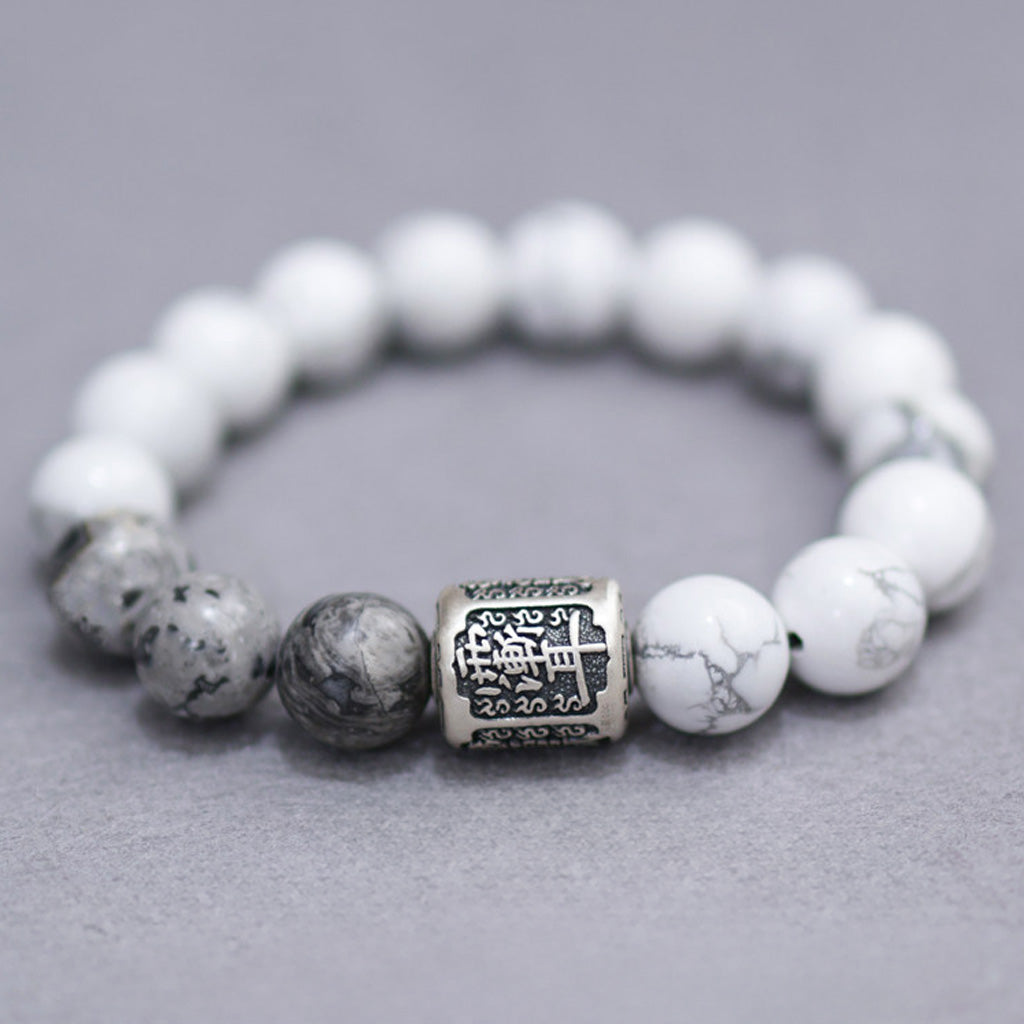 White Turquoise & Map Stone Bracelet with Taoist "Rain Gradual Ear"Beads – Symbol of Protection, Purification & Inner Harmony | Zen Ara Grove