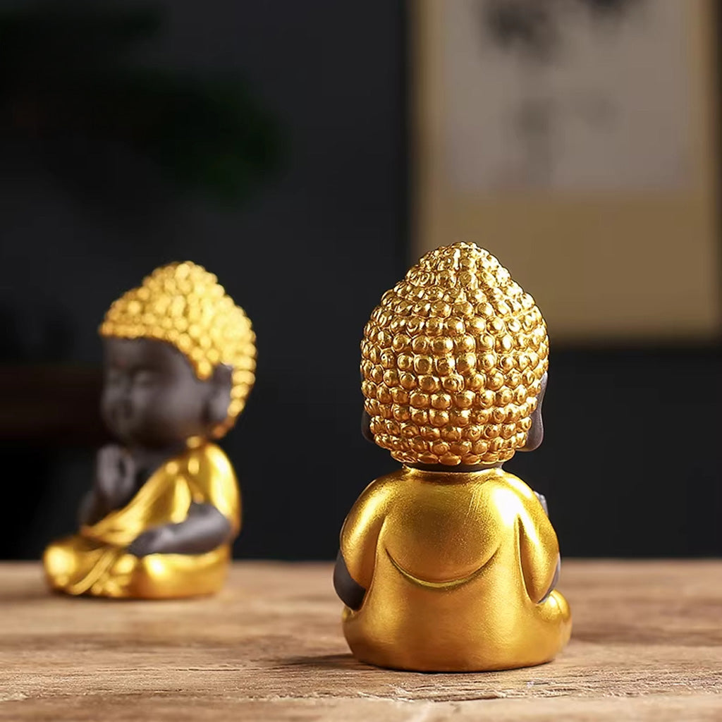 Mini Zen Buddha Statue – Handcrafted Purple Clay Ceramic with Golden Touch of Serenity | Zen Ara Grove