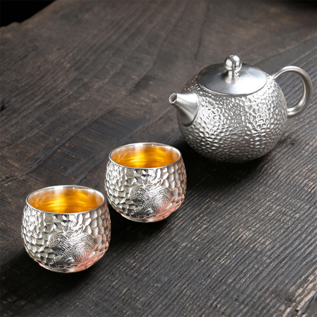999 Silver Hammered Teacup – Dragon & Phoenix Design – Handcrafted Symbol of Strength and Harmony | Zen Ara Grove