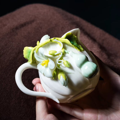 Handcrafted Ceramic Cup with Gourd Blossom – Living Art on Your Teacup | Zen Ara Grove