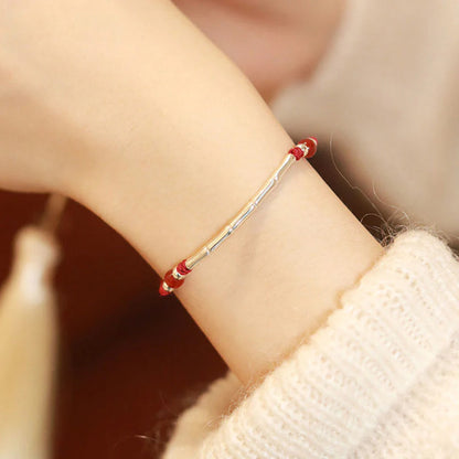 Adjustable S925 Sterling Silver Bamboo Bracelet with Agate