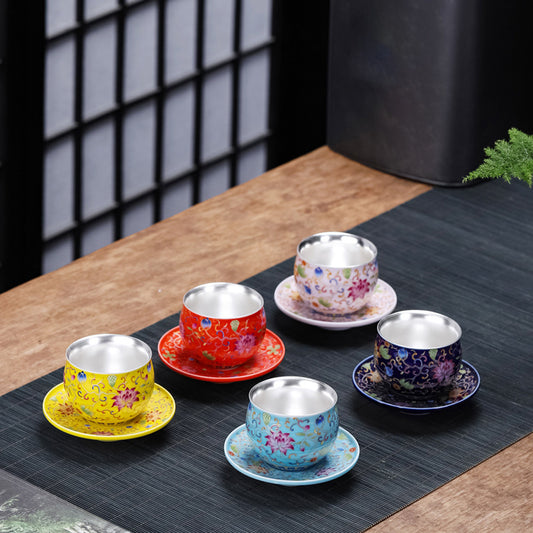 999 Silver Enamel Teacup Gift Set – Five Colors Blooming – Symbols of Love, Harmony & Prosperity | Zen Ara Grove