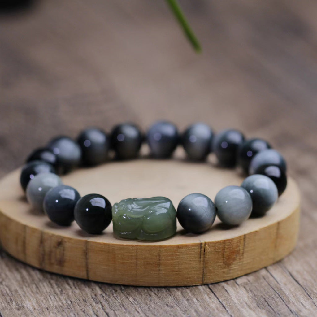 Hawk’s Eye & Hetian Jade Pixiu Bracelet – Symbol of Courage and Prosperity | Zen Ara Grove