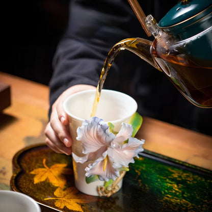 Handcrafted Ceramic Cup with Blue Iris – Blooming from the Cup, One of a Kind | Zen Ara Grove