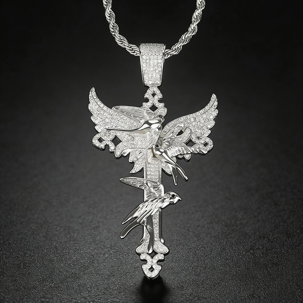 Full Diamond Peace Dove Cross Pendant Necklace – Symbol of Faith and Harmony | Zen Ara Grove