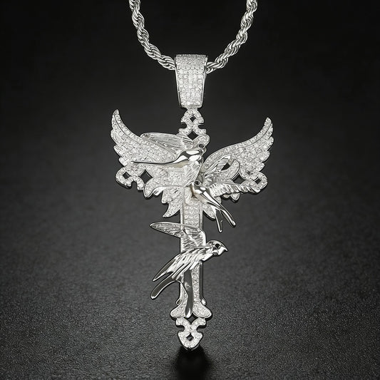 Full Diamond Peace Dove Cross Pendant Necklace – Symbol of Faith and Harmony | Zen Ara Grove