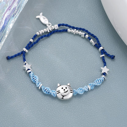 Playful Kitty Head with Fish Motif Woven Bracelet – Adjustable Cord Jewelry | Zen Ara Grove