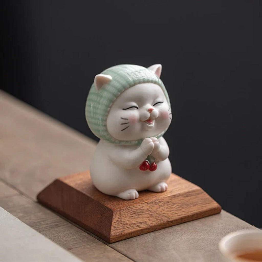 Lucky Cute Cat In Scarf Ceramic Figurine Decoration  | Zen Ara Grove