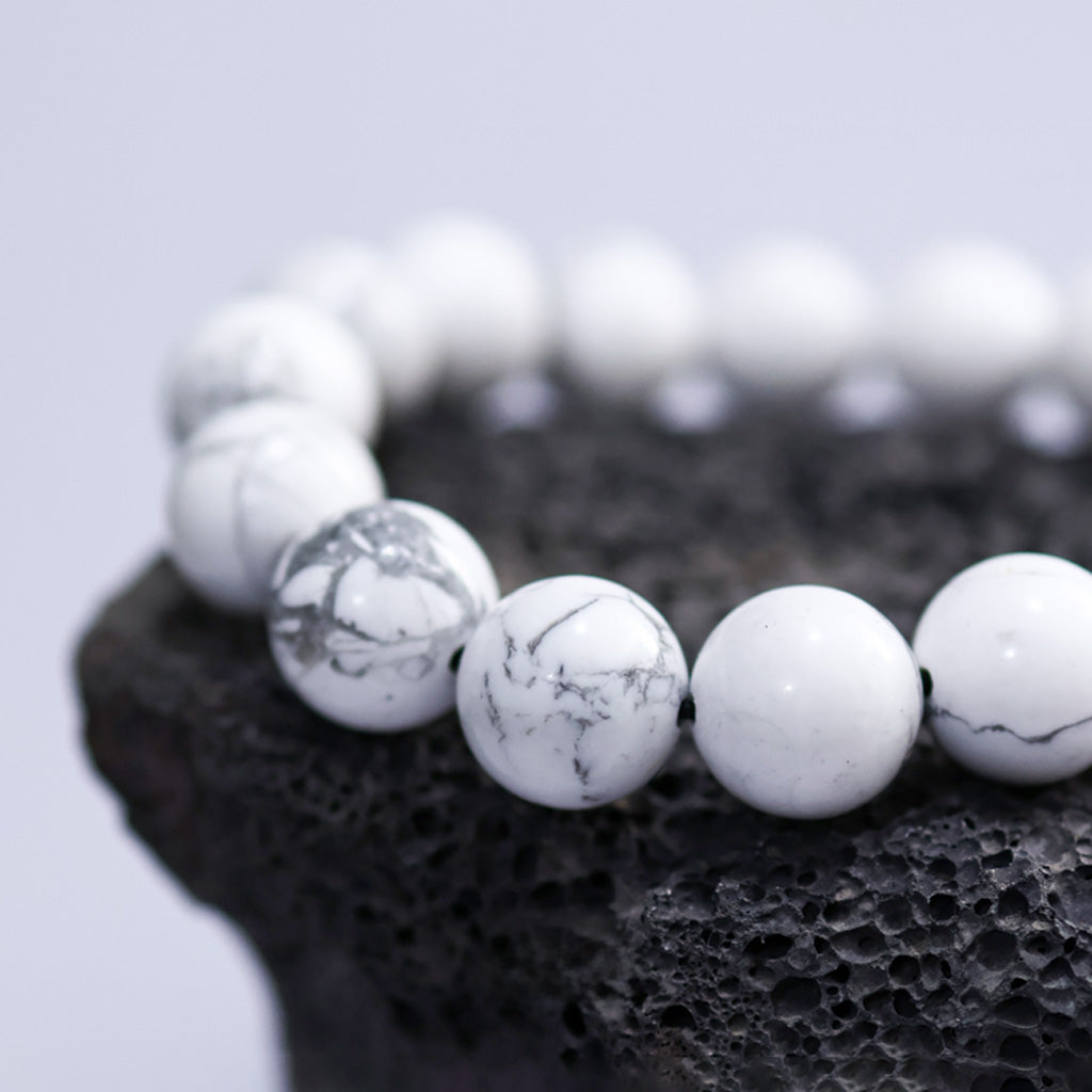 White Turquoise & Map Stone Beaded Bracelet – Yin-Yang Metal Accent, 999 Silver Ba Gua Bead | Zen Ara Grove