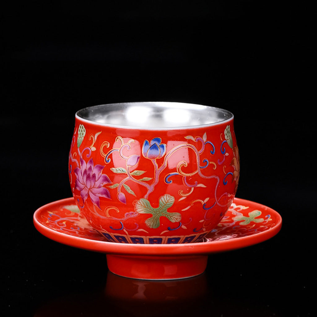999 Silver Enamel Teacup Gift Set – Five Colors Blooming – Symbols of Love, Harmony & Prosperity | Zen Ara Grove