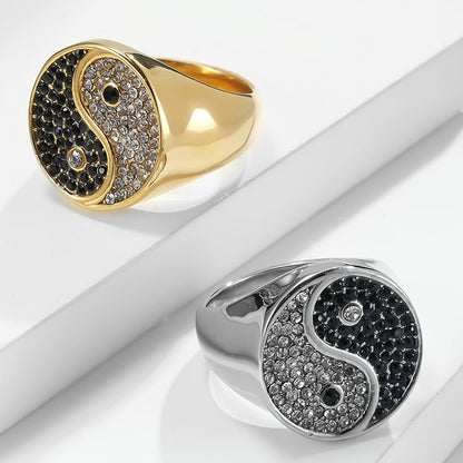 Yin-Yang Titanium Steel Ring – Black & White CZ, Symbol of Balance | Zen Ara Grove
