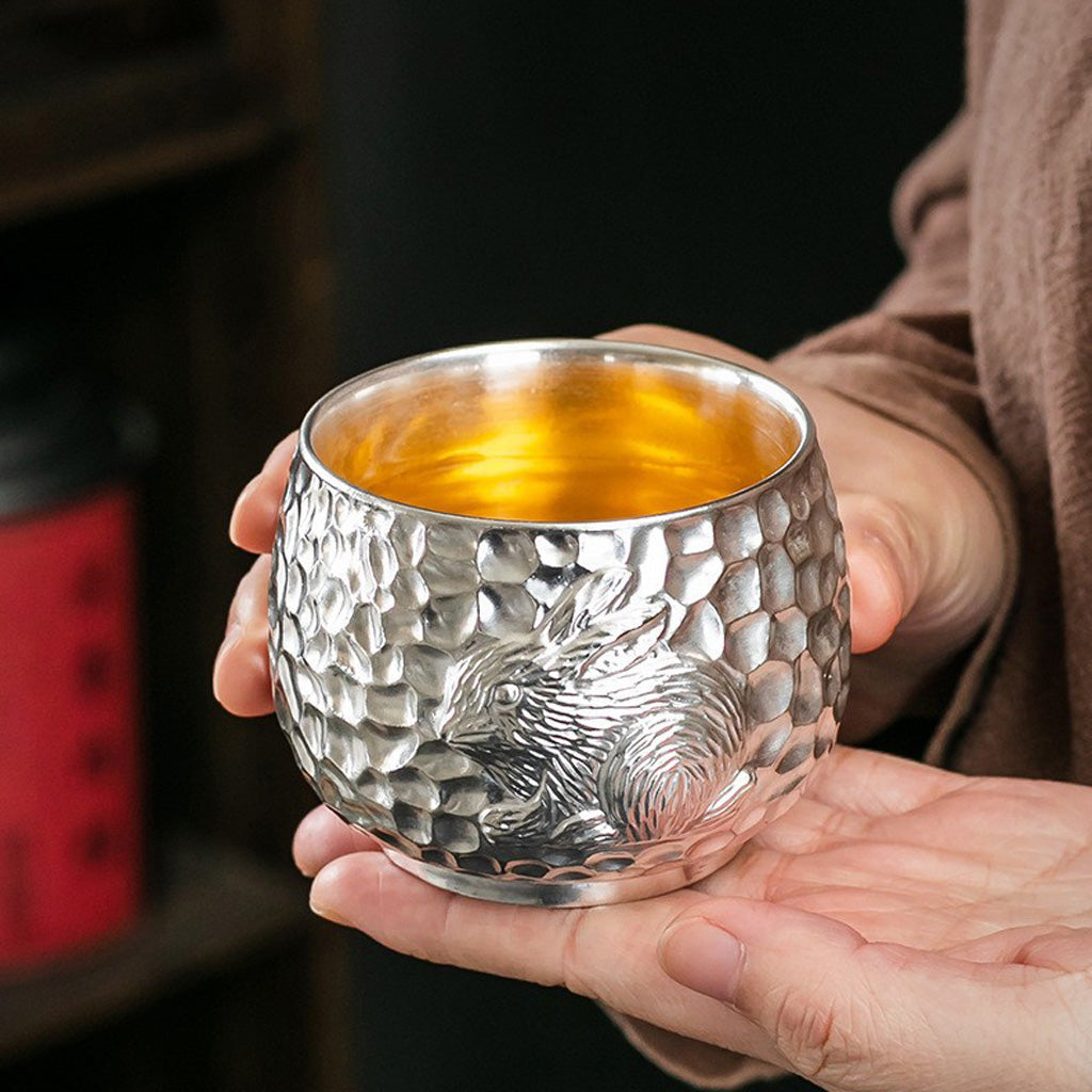 999 Silver Hammered Teacup – Dragon & Phoenix Design – Handcrafted Symbol of Strength and Harmony | Zen Ara Grove