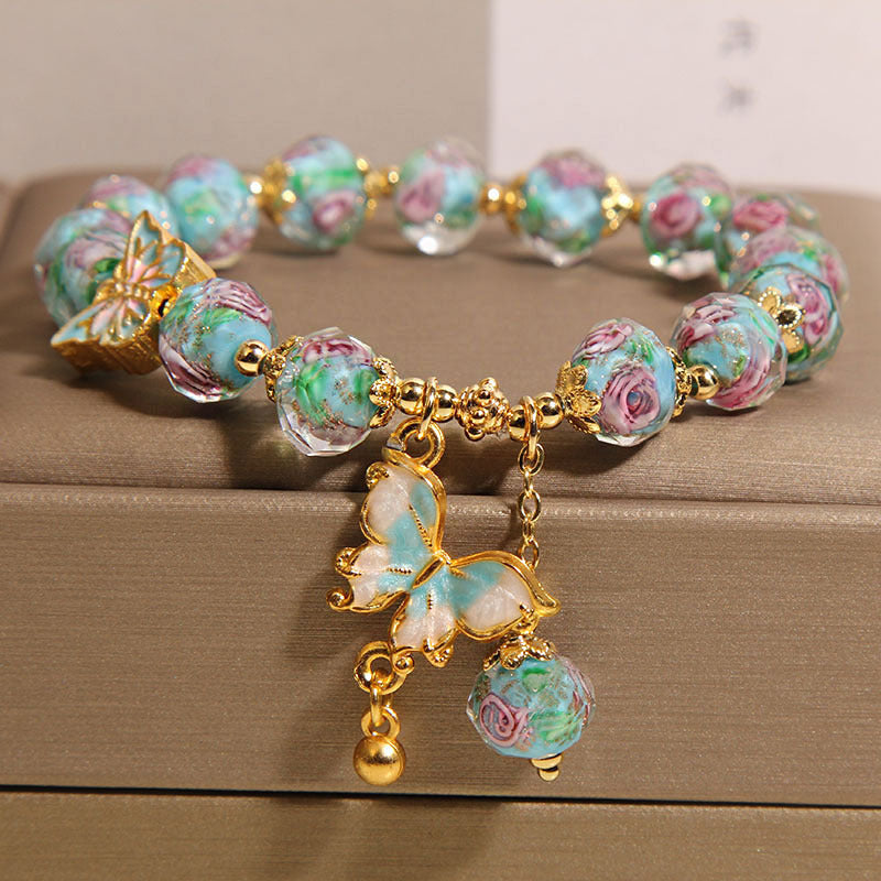 Blue Rose Garden Butterfly Pendant Glass Bracelet | Zen Ara Grove